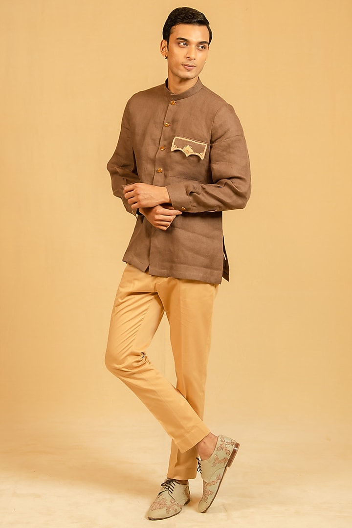 Brown Linen Zardosi Work Bushcoat Wedding Bandhgala Jacket by Gaurav Katta at Pernia's Pop Up Shop