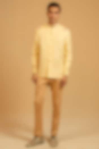 Butterscotch Yellow Linen Zardosi Work Bushcoat Wedding Bandhgala Jacket by Gaurav Katta at Pernia's Pop Up Shop
