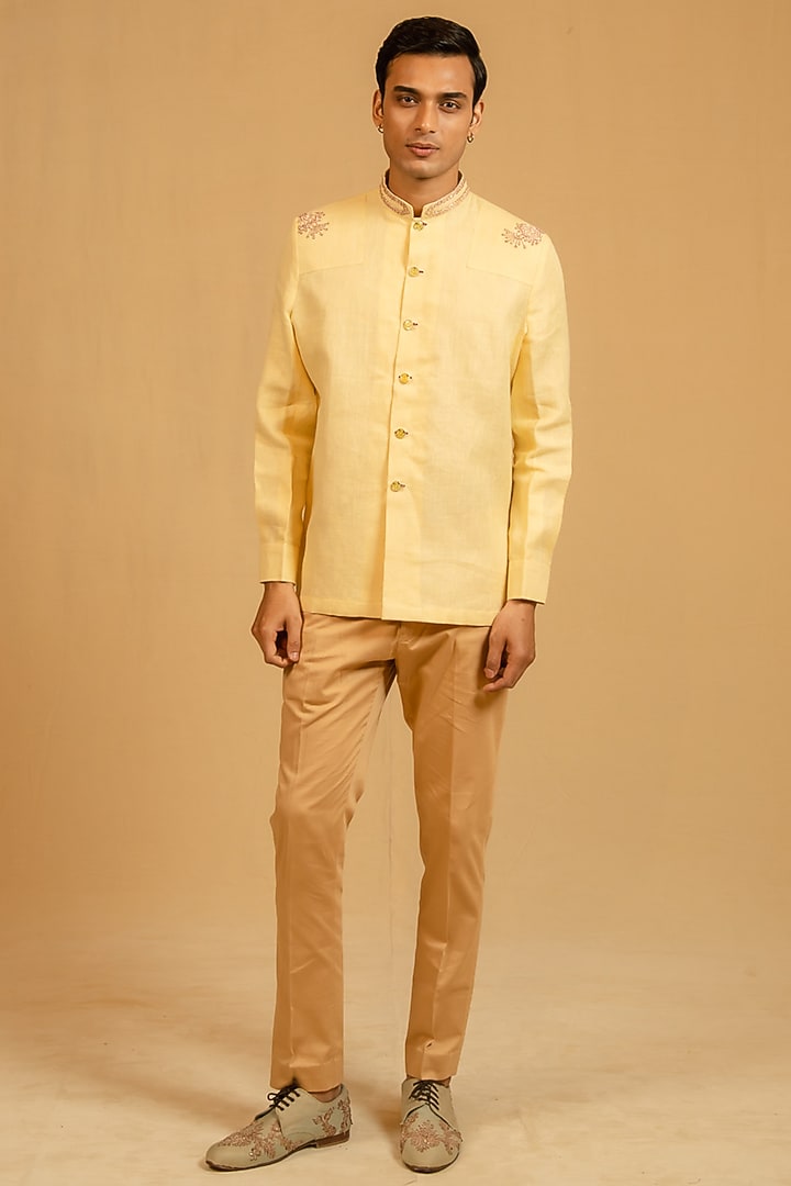 Butterscotch Yellow Linen Zardosi Work Bushcoat Wedding Bandhgala Jacket by Gaurav Katta at Pernia's Pop Up Shop