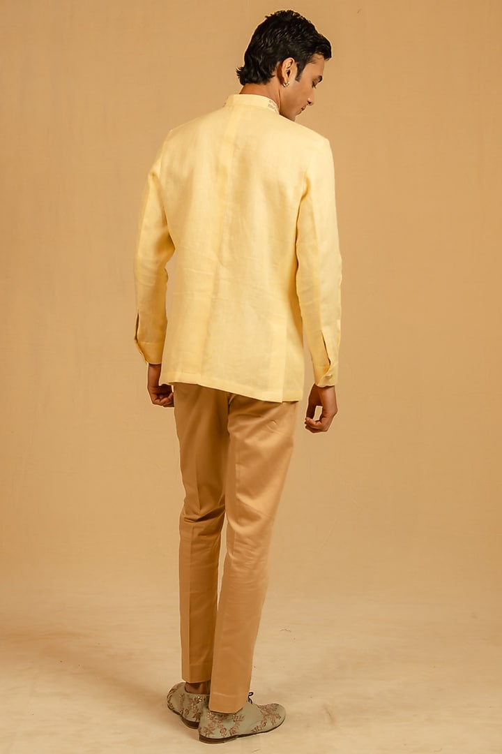 Butterscotch Yellow Linen Zardosi Work Bushcoat Wedding Bandhgala Jacket by Gaurav Katta at Pernia's Pop Up Shop