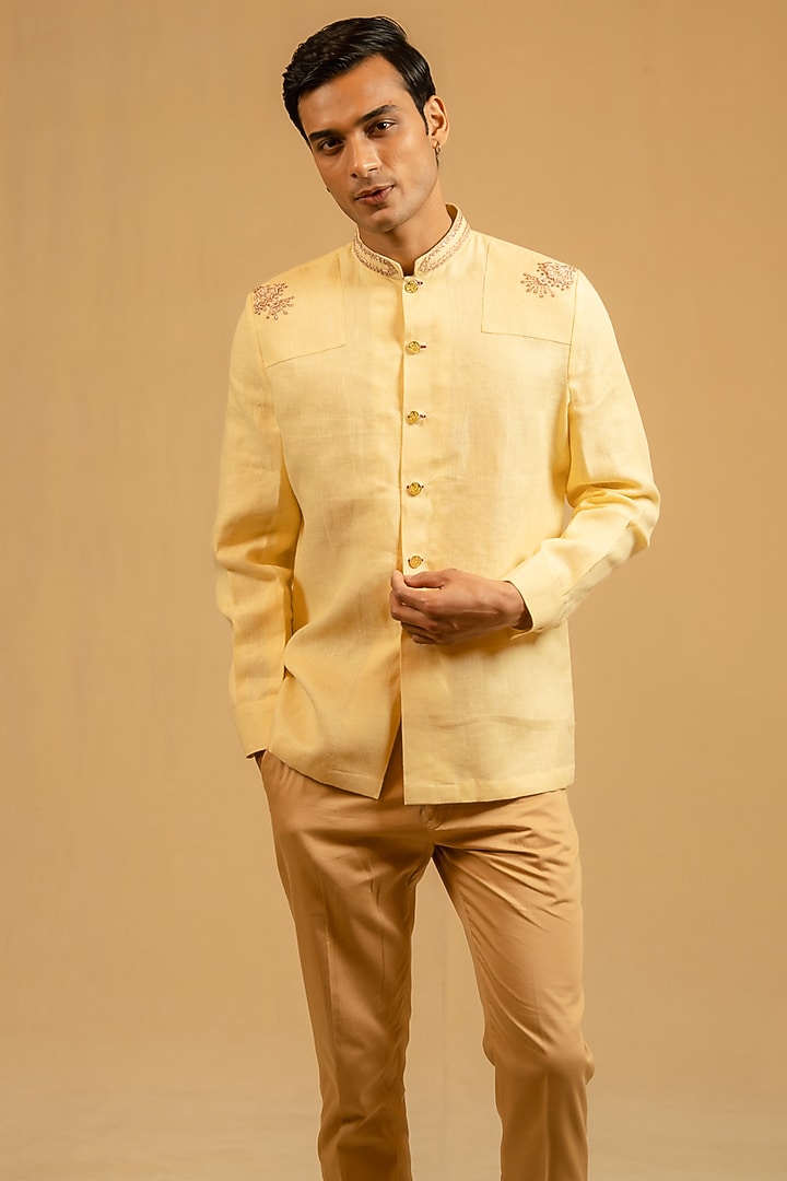 Butterscotch Yellow Linen Zardosi Work Bushcoat Wedding Bandhgala Jacket by Gaurav Katta at Pernia's Pop Up Shop