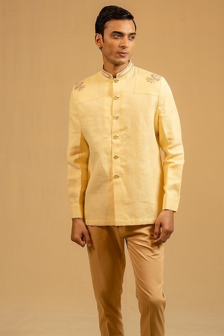Butterscotch Yellow Linen Zardosi Work Bushcoat Wedding Bandhgala Jacket by Gaurav Katta at Pernia's Pop Up Shop