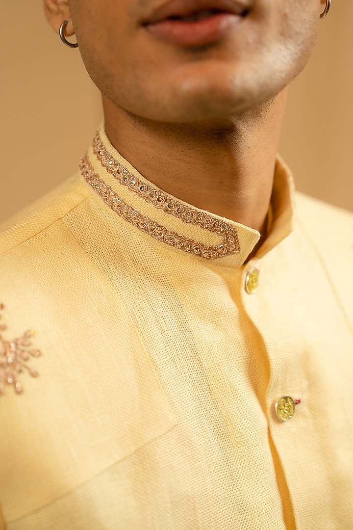 Butterscotch Yellow Linen Zardosi Work Bushcoat Wedding Bandhgala Jacket by Gaurav Katta at Pernia's Pop Up Shop