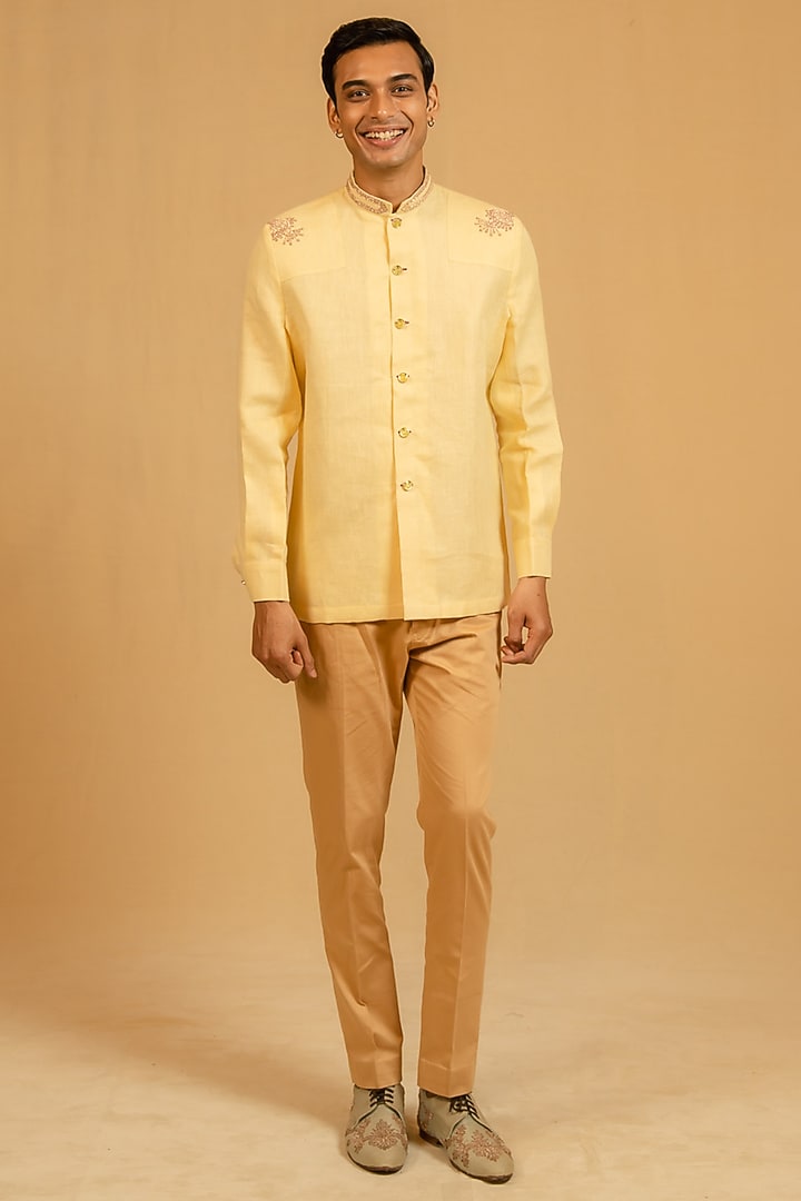 Butterscotch Yellow Linen Zardosi Work Bushcoat Wedding Bandhgala Jacket by Gaurav Katta at Pernia's Pop Up Shop