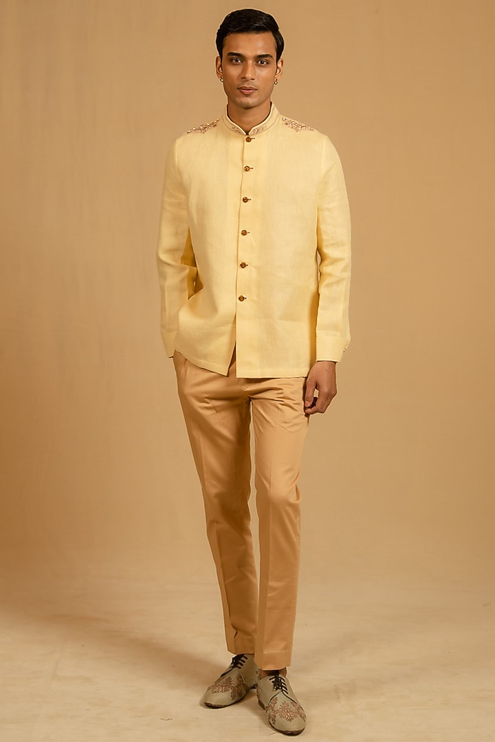 Butterscotch Yellow Linen Zardosi Work Bushcoat Wedding Bandhgala Jacket by Gaurav Katta at Pernia's Pop Up Shop
