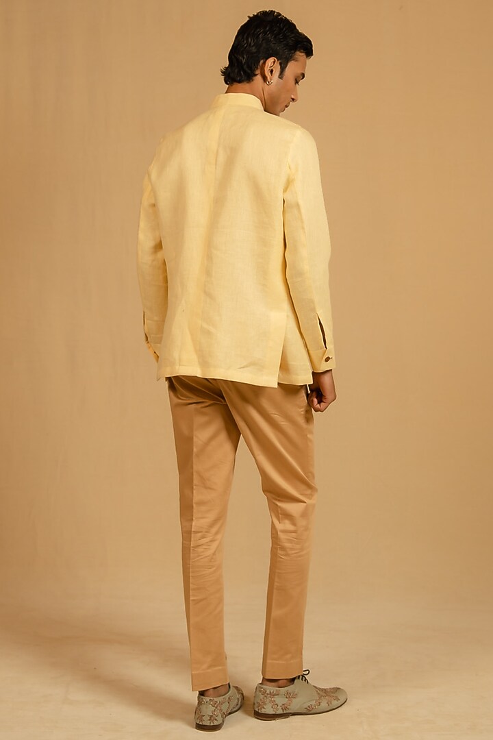 Butterscotch Yellow Linen Zardosi Work Bushcoat Wedding Bandhgala Jacket by Gaurav Katta at Pernia's Pop Up Shop