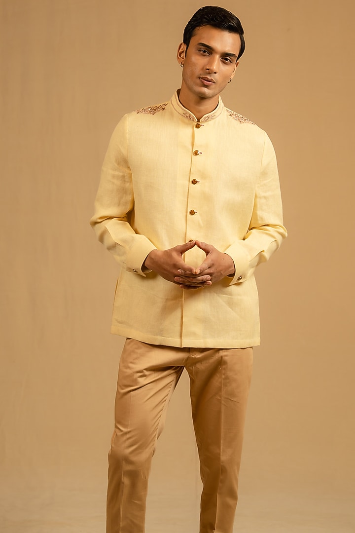 Butterscotch Yellow Linen Zardosi Work Bushcoat Wedding Bandhgala Jacket by Gaurav Katta at Pernia's Pop Up Shop