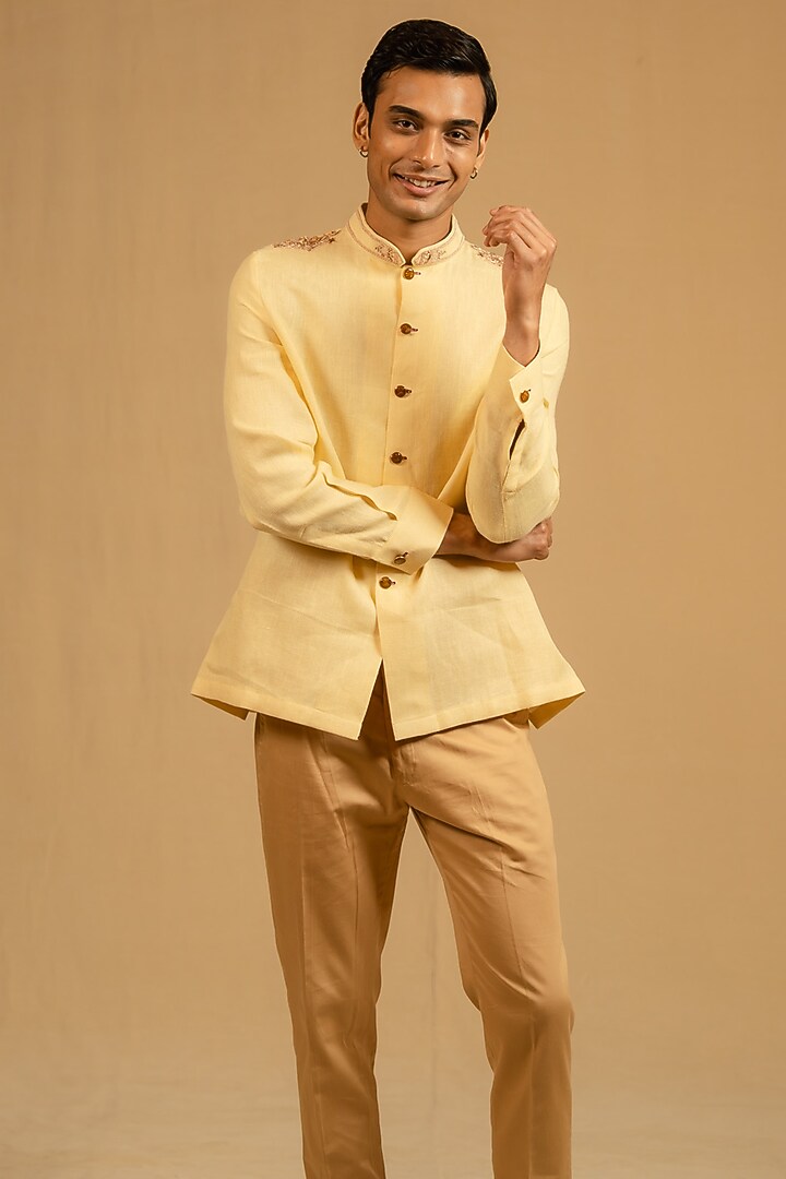 Butterscotch Yellow Linen Zardosi Work Bushcoat Wedding Bandhgala Jacket by Gaurav Katta at Pernia's Pop Up Shop