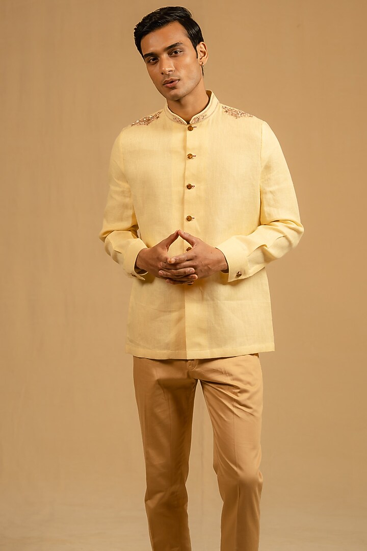 Butterscotch Yellow Linen Zardosi Work Bushcoat Wedding Bandhgala Jacket by Gaurav Katta at Pernia's Pop Up Shop