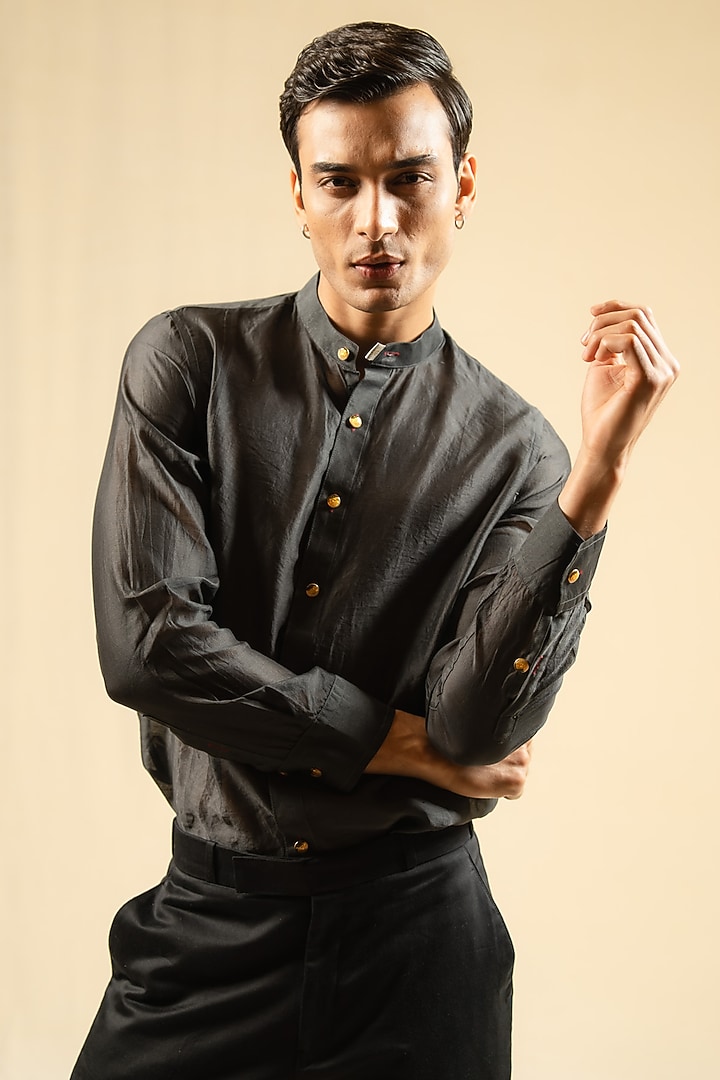 Charcoal Silk Chanderi Party Wear Shirt by Gaurav Katta at Pernia's Pop Up Shop