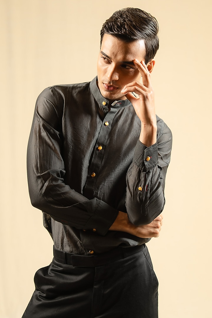 Charcoal Silk Chanderi Party Wear Shirt by Gaurav Katta at Pernia's Pop Up Shop
