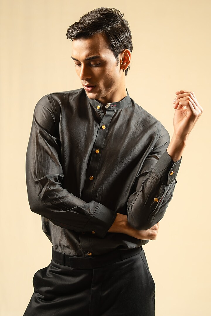 Charcoal Silk Chanderi Party Wear Shirt by Gaurav Katta at Pernia's Pop Up Shop