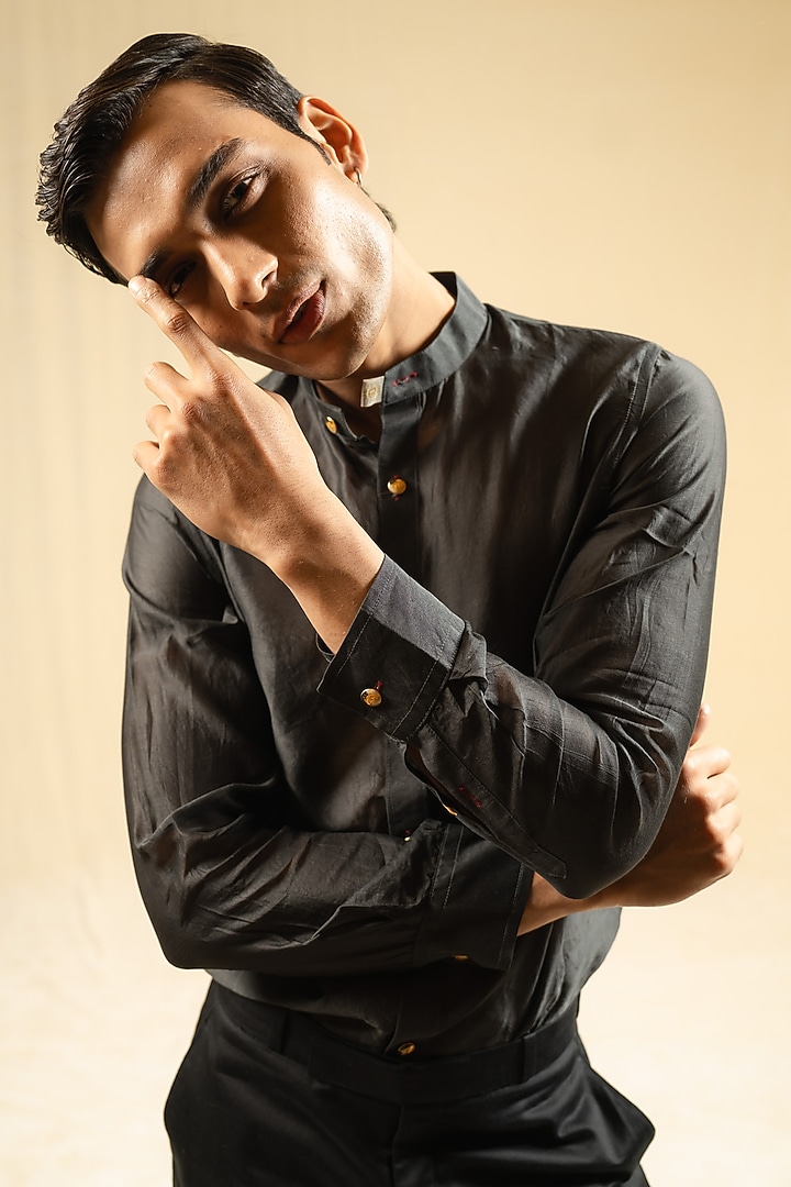 Charcoal Silk Chanderi Party Wear Shirt by Gaurav Katta at Pernia's Pop Up Shop