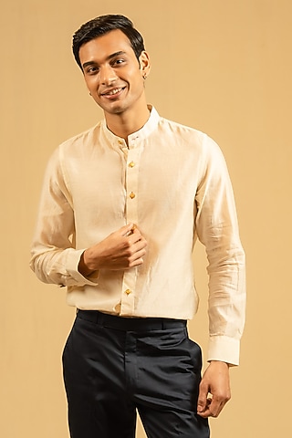 Royal Beige Silk Chanderi Shirt by Gaurav Katta
