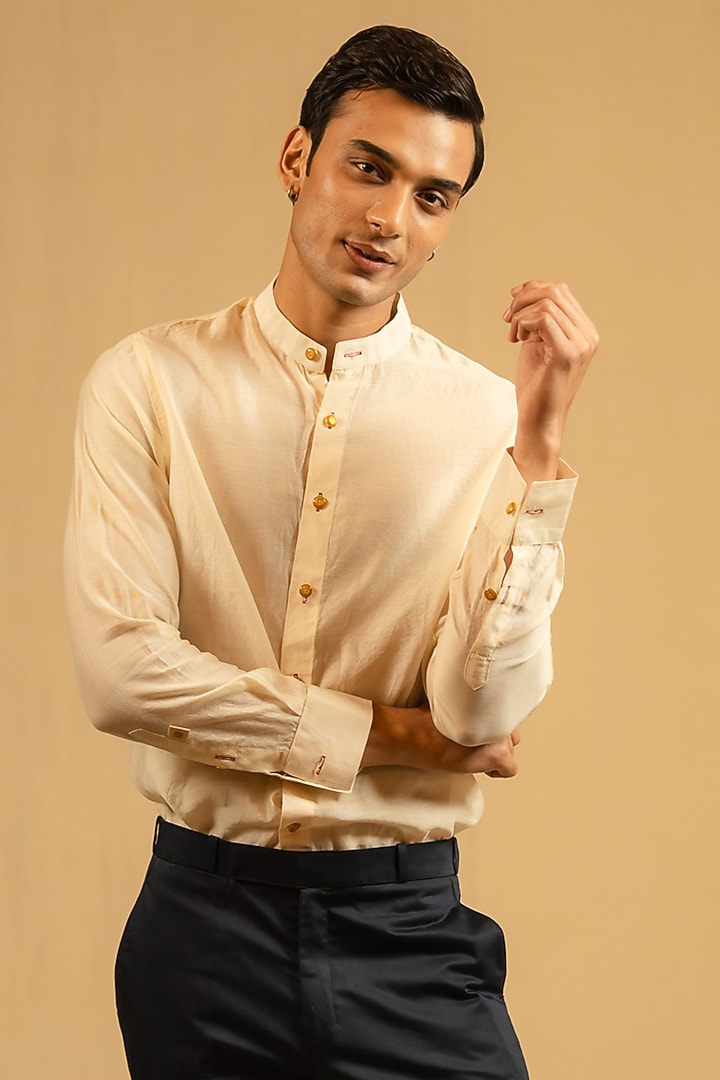 Royal Beige Silk Chanderi Party Wear Shirt by Gaurav Katta at Pernia's Pop Up Shop