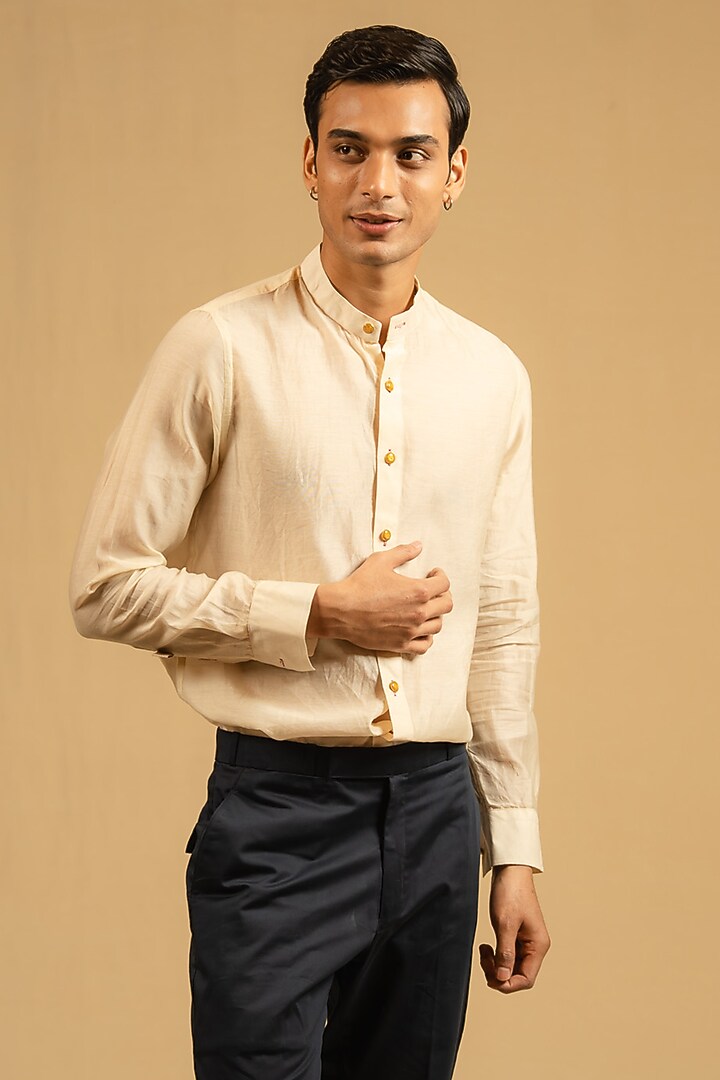 Royal Beige Silk Chanderi Party Wear Shirt by Gaurav Katta at Pernia's Pop Up Shop