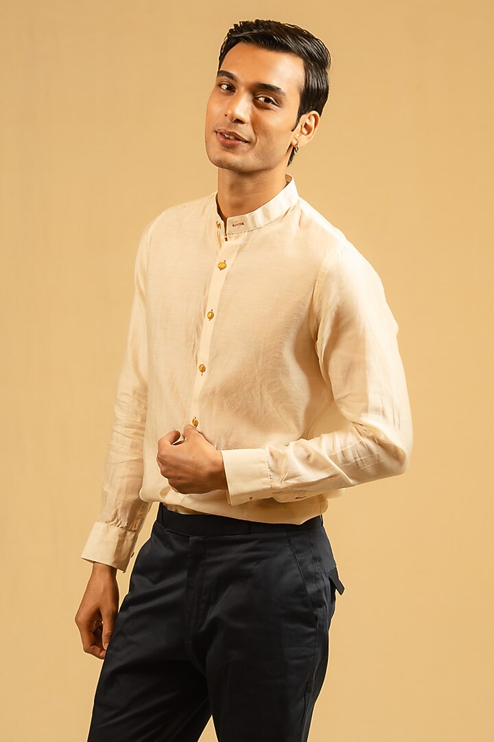 Royal Beige Silk Chanderi Party Wear Shirt by Gaurav Katta at Pernia's Pop Up Shop