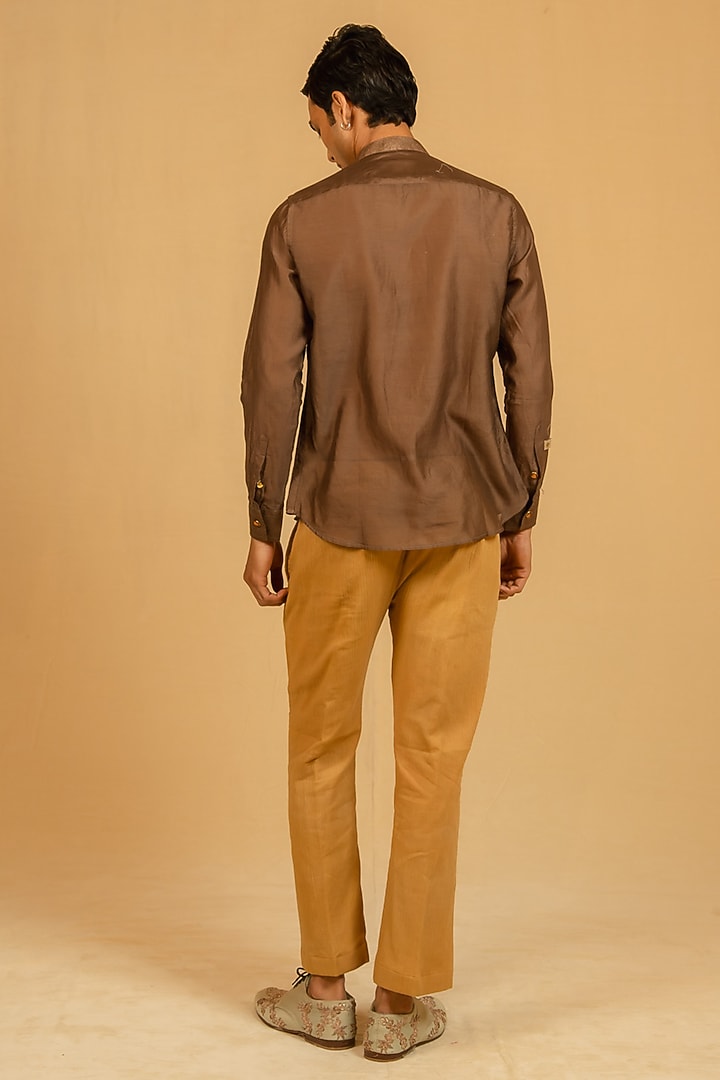 Cigar Brown Silk Chanderi Party Wear Shirt by Gaurav Katta at Pernia's Pop Up Shop