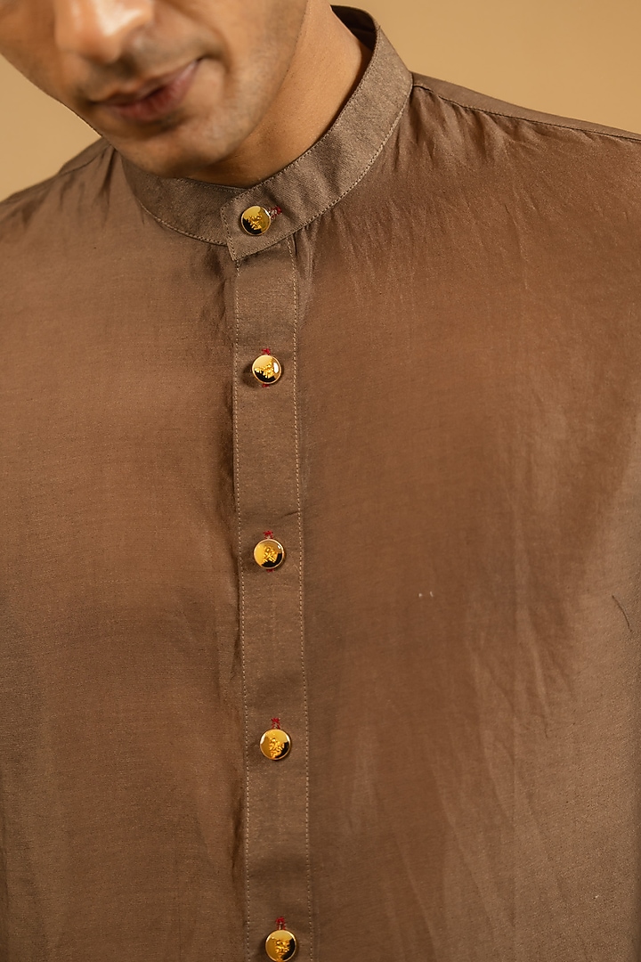 Cigar Brown Silk Chanderi Party Wear Shirt by Gaurav Katta at Pernia's Pop Up Shop