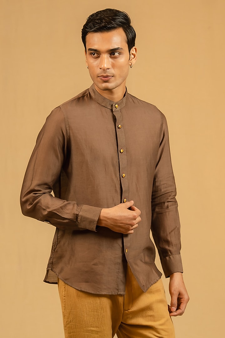 Cigar Brown Silk Chanderi Party Wear Shirt by Gaurav Katta at Pernia's Pop Up Shop