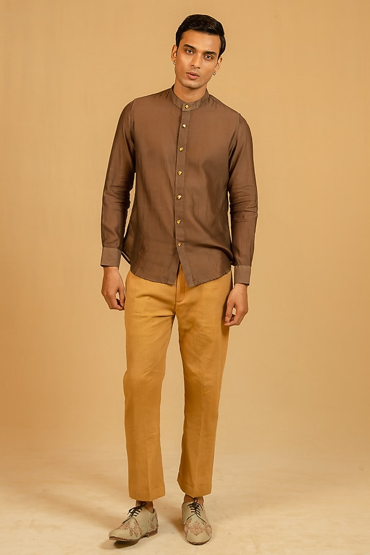Cigar Brown Silk Chanderi Party Wear Shirt by Gaurav Katta at Pernia's Pop Up Shop