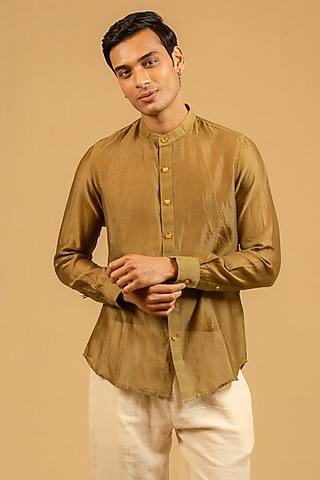Olive Green Silk Chanderi Shirt by Gaurav Katta