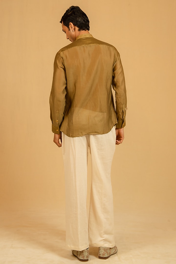 Olive Green Silk Chanderi Party Wear Shirt by Gaurav Katta at Pernia's Pop Up Shop