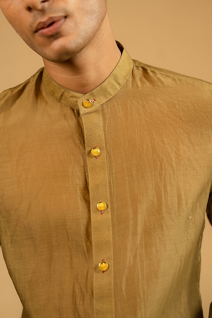 Olive Green Silk Chanderi Party Wear Shirt by Gaurav Katta at Pernia's Pop Up Shop