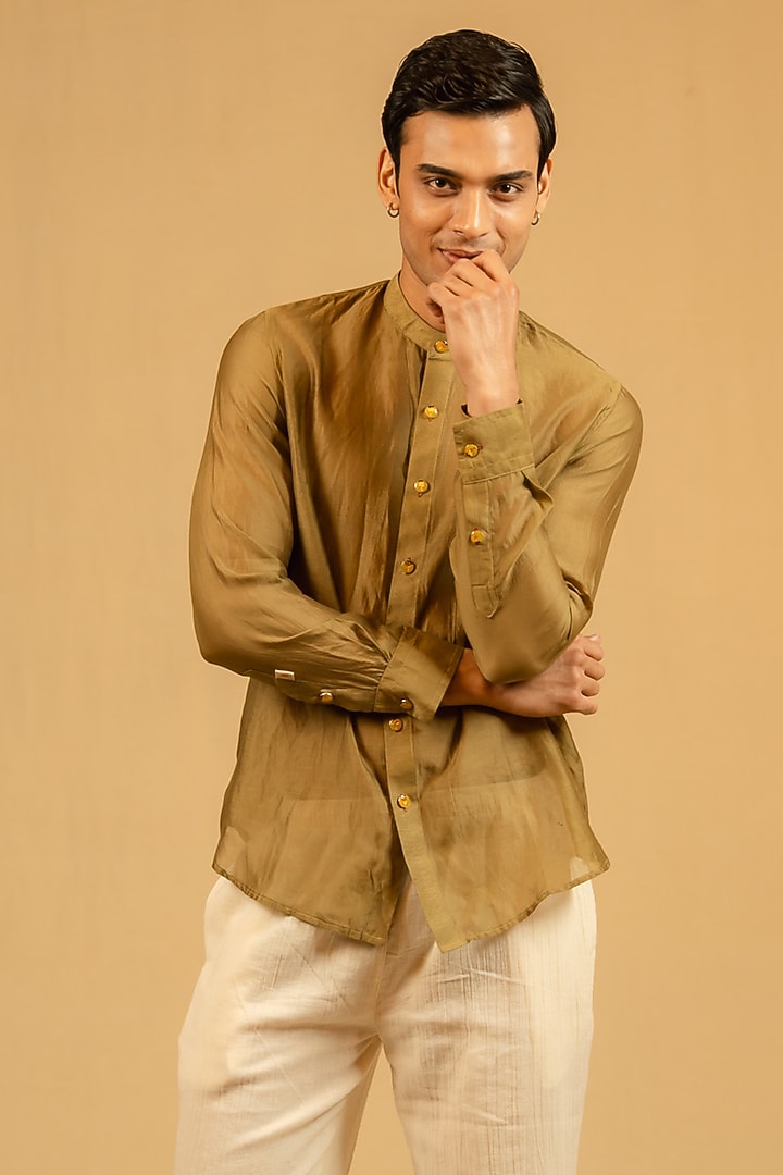 Olive Green Silk Chanderi Party Wear Shirt by Gaurav Katta at Pernia's Pop Up Shop
