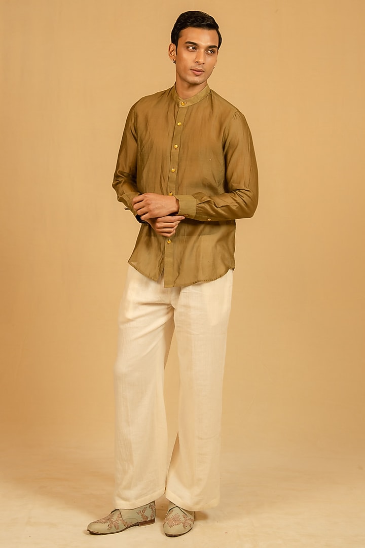 Olive Green Silk Chanderi Party Wear Shirt by Gaurav Katta at Pernia's Pop Up Shop