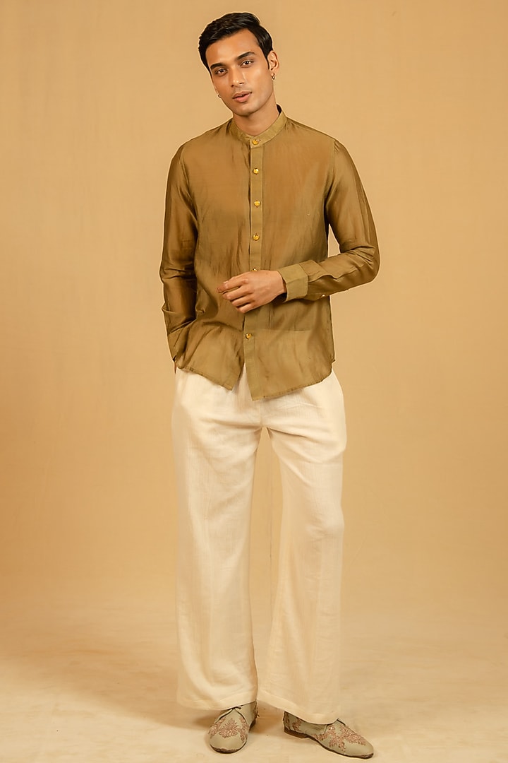Olive Green Silk Chanderi Party Wear Shirt by Gaurav Katta at Pernia's Pop Up Shop