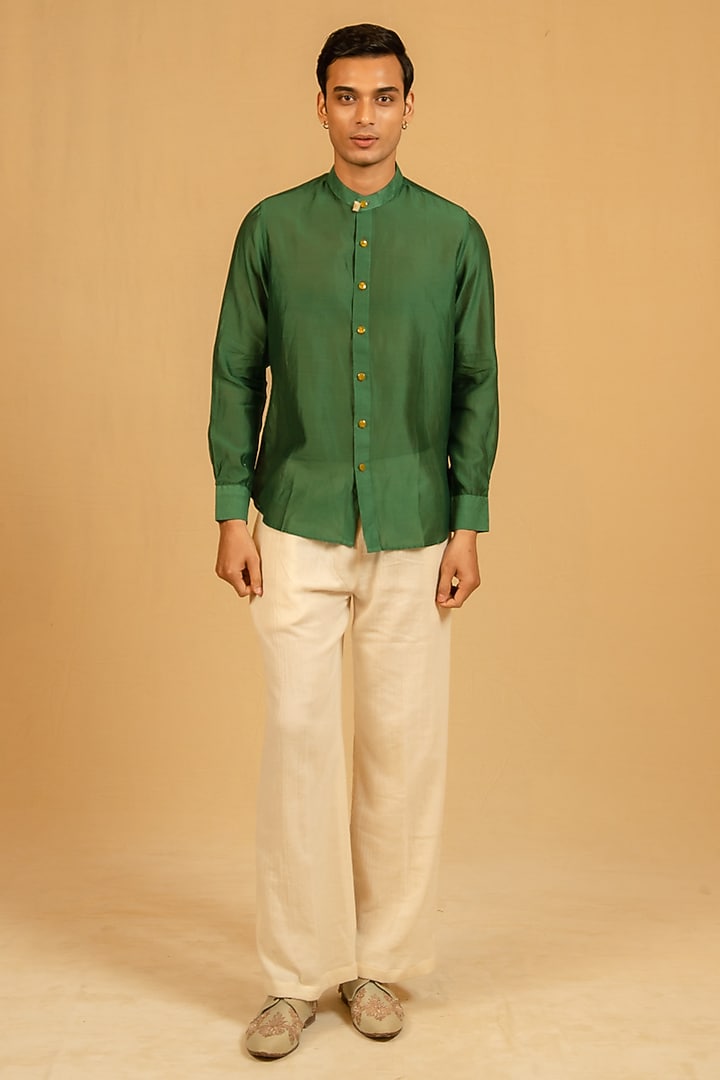 Royal Green Silk Chanderi Party Wear Shirt by Gaurav Katta at Pernia's Pop Up Shop