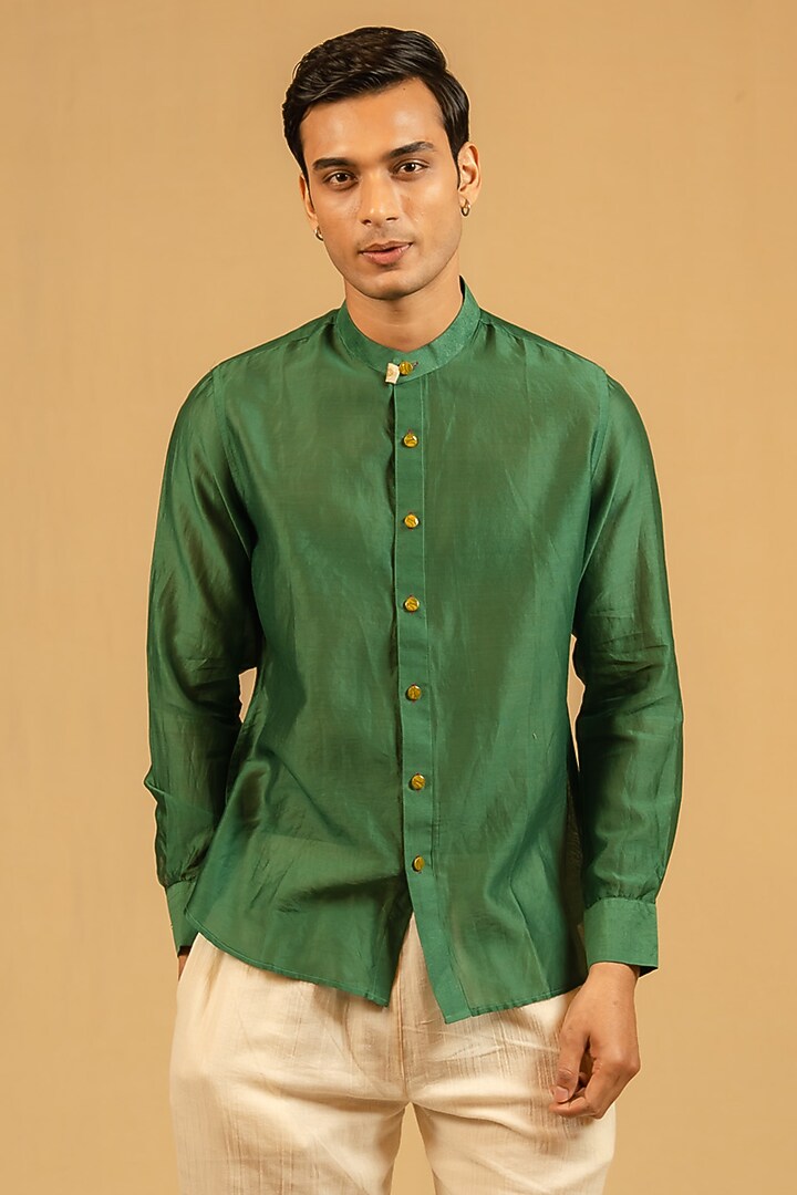 Royal Green Silk Chanderi Party Wear Shirt by Gaurav Katta at Pernia's Pop Up Shop