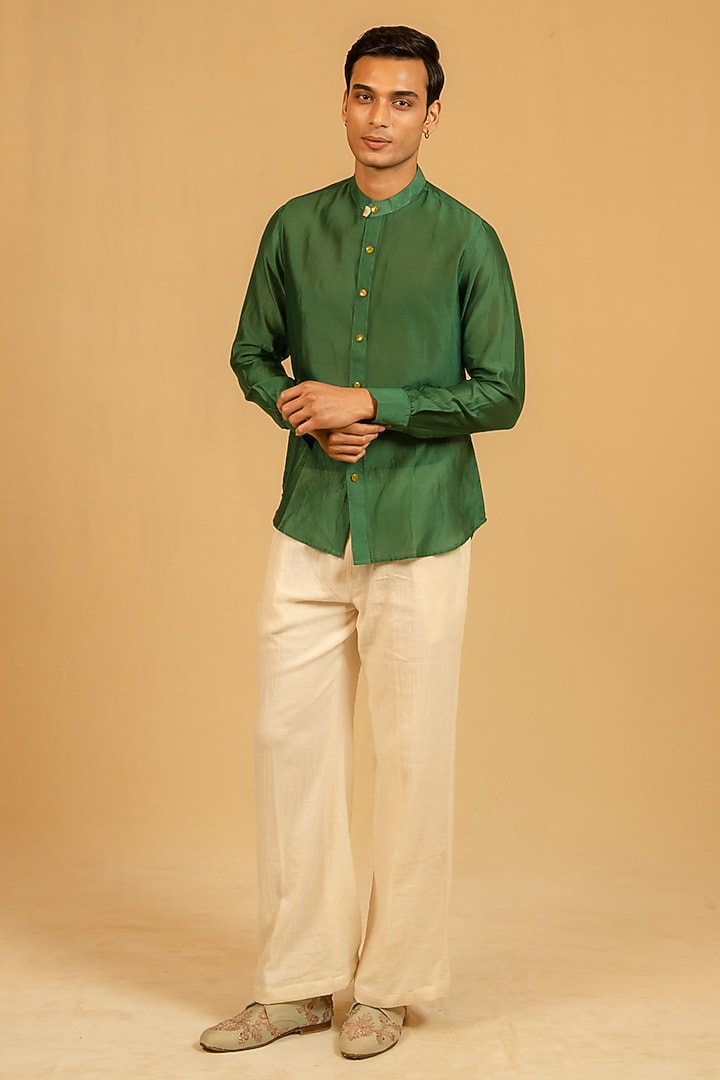 Royal Green Silk Chanderi Party Wear Shirt by Gaurav Katta at Pernia's Pop Up Shop
