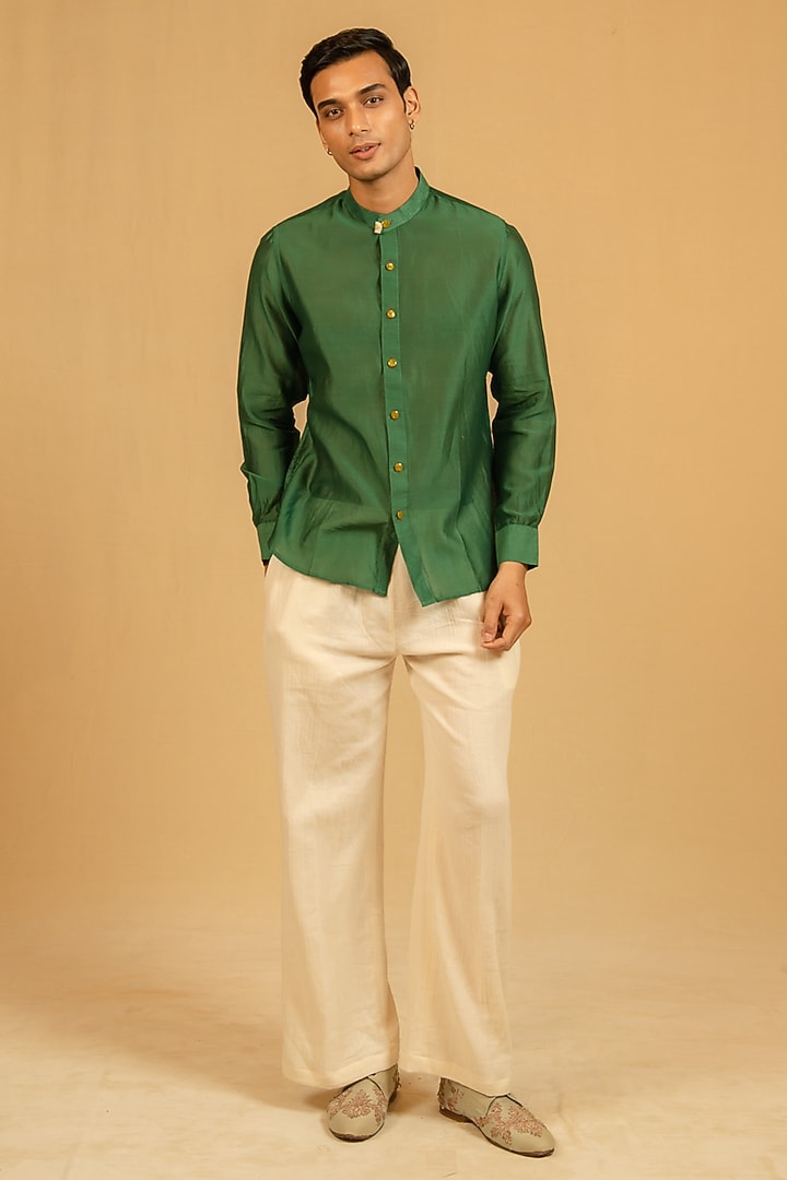 Royal Green Silk Chanderi Party Wear Shirt by Gaurav Katta at Pernia's Pop Up Shop