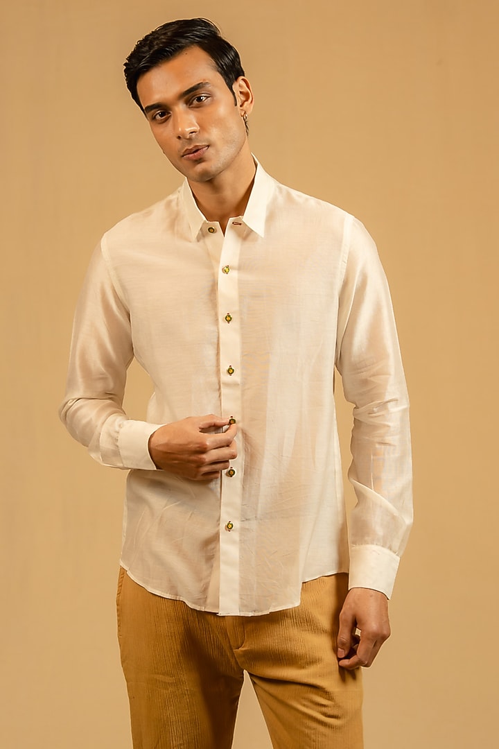 Royal White Silk Chanderi Party Wear Shirt by Gaurav Katta at Pernia's Pop Up Shop
