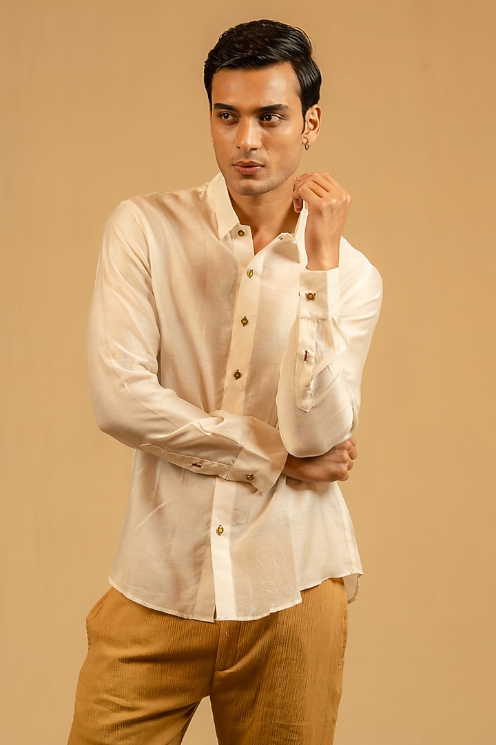 Royal White Silk Chanderi Party Wear Shirt by Gaurav Katta at Pernia's Pop Up Shop