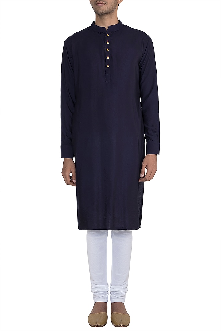 Dark Blue Kurta With Meenakari Buttons by Gaurav Katta at Pernia's Pop Up Shop