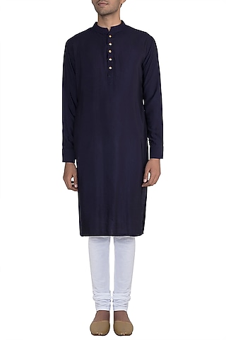 Dark Blue Kurta With Meenakari Buttons by Gaurav Katta