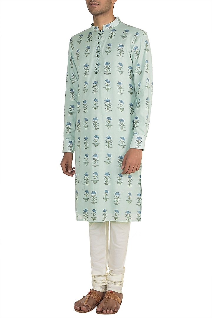 Sky Blue Block Printed Kurta by Gaurav Katta at Pernia's Pop Up Shop