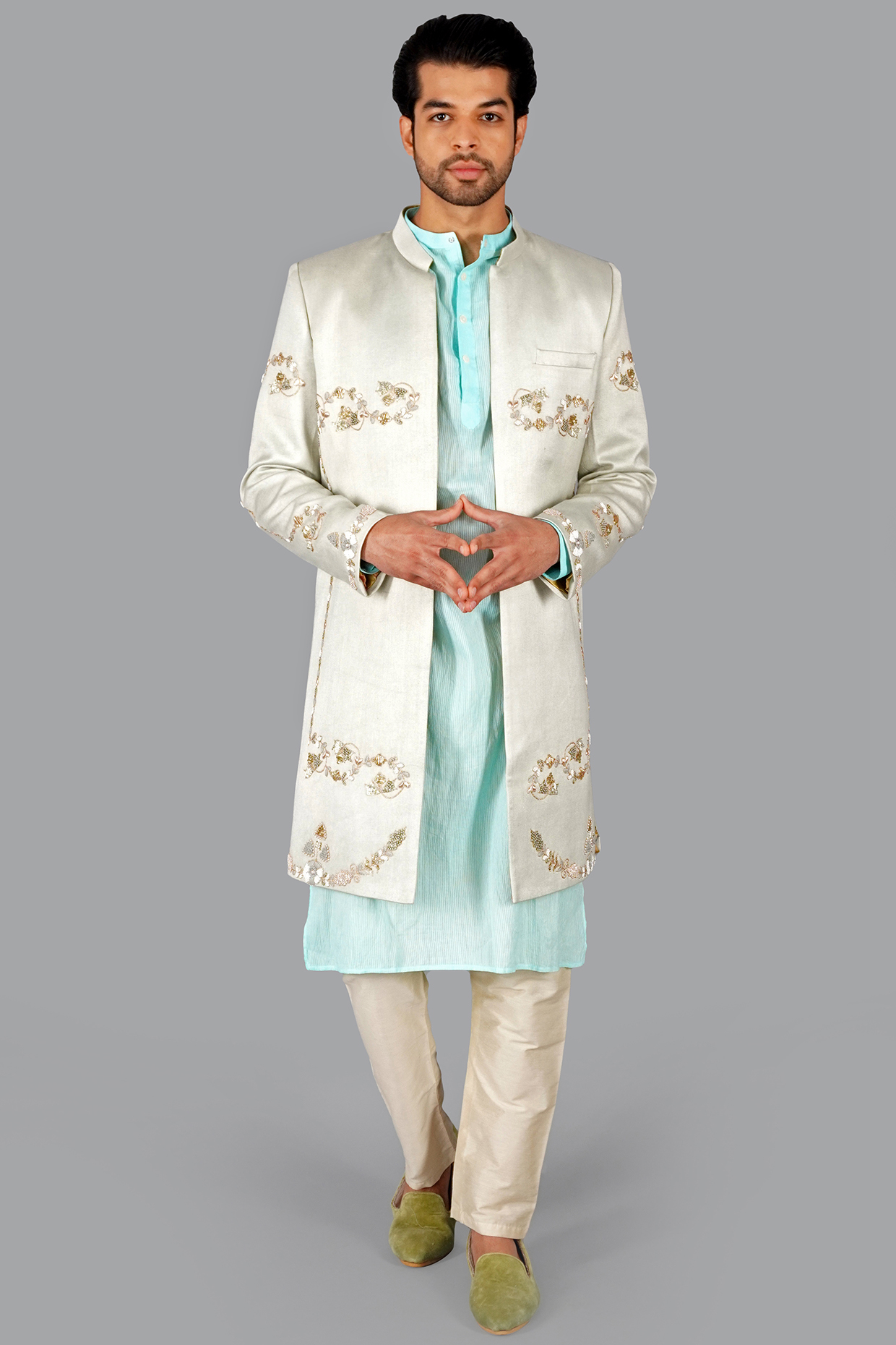 Warm White Italian Cotton Hand Work Sherwani Set by Gaurav Katta