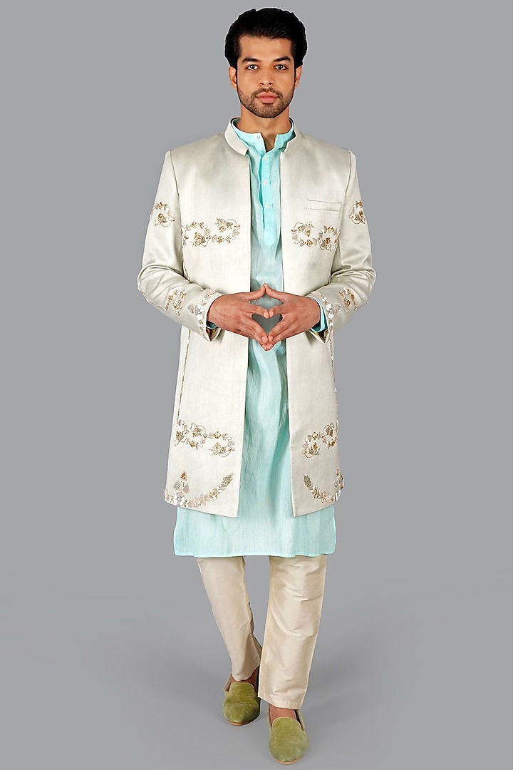 Warm White Italian Cotton Hand Work Sherwani Set by Gaurav Katta