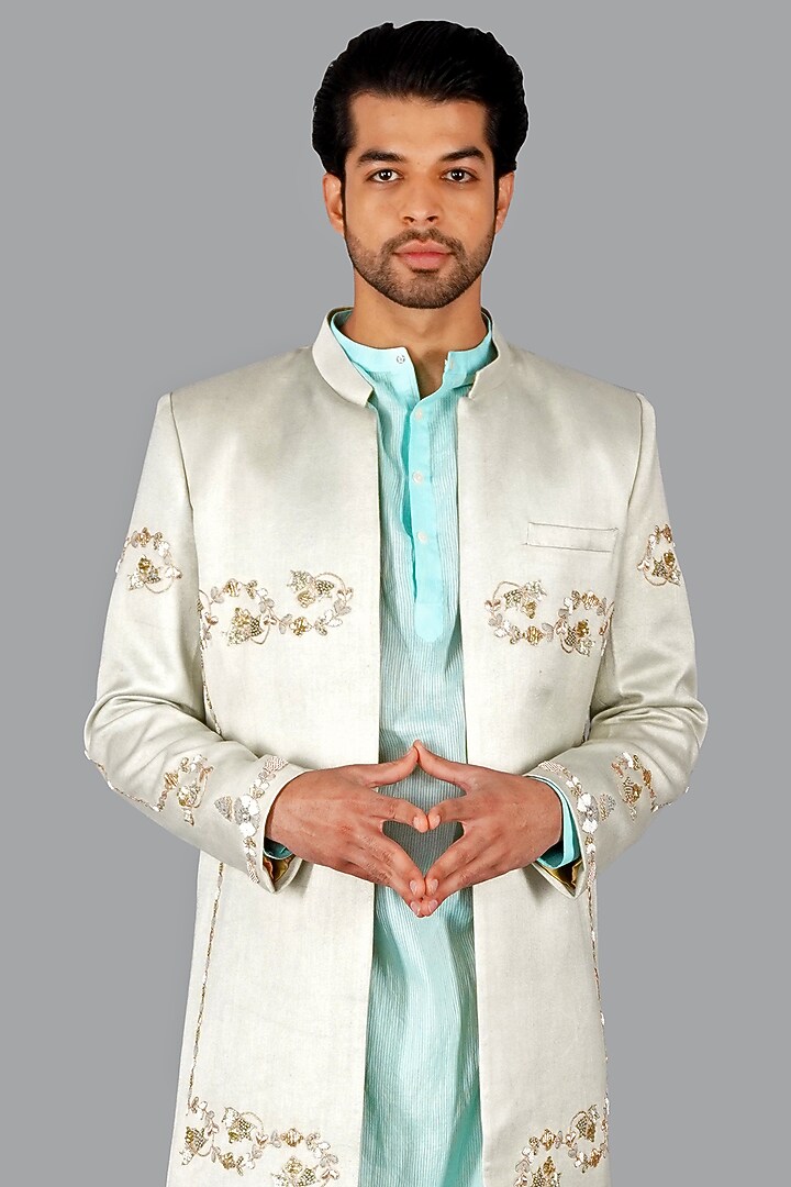 Warm White Italian Cotton Hand Work Groom Sherwani Set by Gaurav Katta at Pernia's Pop Up Shop