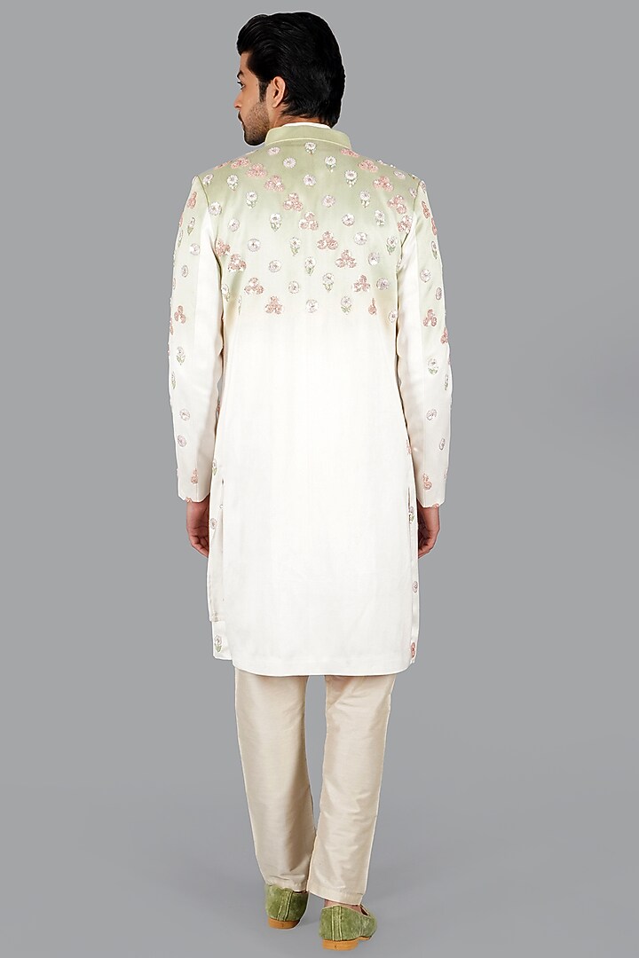 Pista & Beige Ombre Italian Cotton Hand Work Wedding Sherwani Set by Gaurav Katta at Pernia's Pop Up Shop