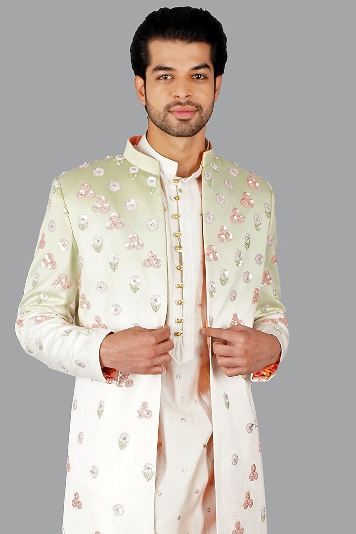 Pista & Beige Ombre Italian Cotton Hand Work Wedding Sherwani Set by Gaurav Katta at Pernia's Pop Up Shop
