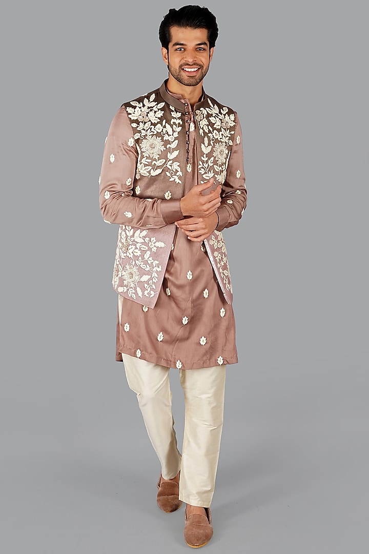 Peach Italian Cotton Nehru Jacket Set by Gaurav Katta