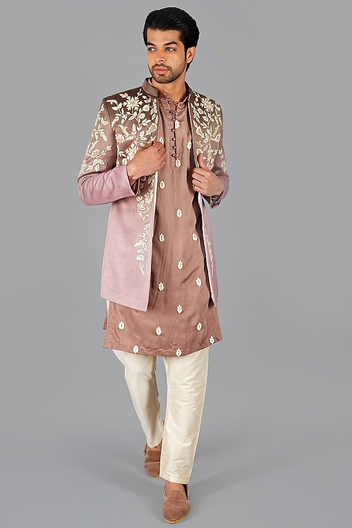 Peach Italian Cotton Open Jacket Set by Gaurav Katta