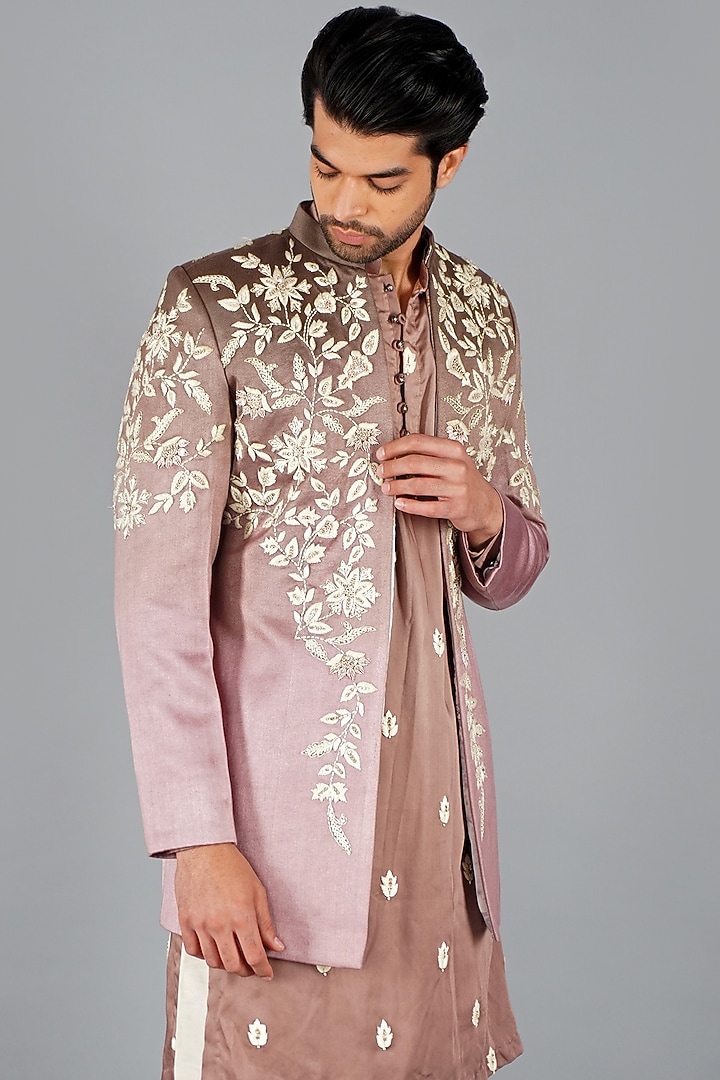 Peach Italian Cotton Open Jacket Set by Gaurav Katta at Pernia's Pop Up Shop