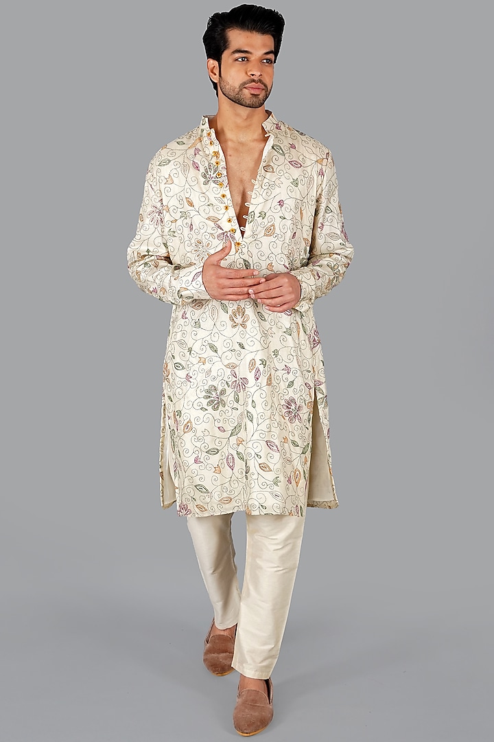 Beige Tussar Silk Kantha Work Kurta Set by Gaurav Katta