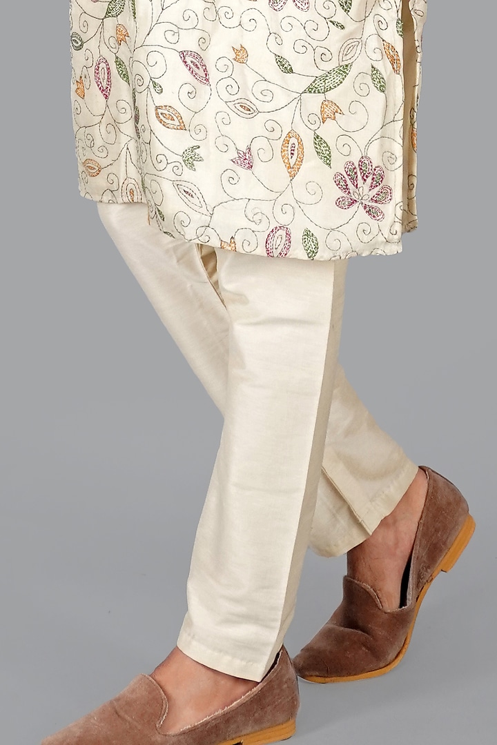 Beige Tussar Silk Kantha Work Kurta Set by Gaurav Katta at Pernia's Pop Up Shop